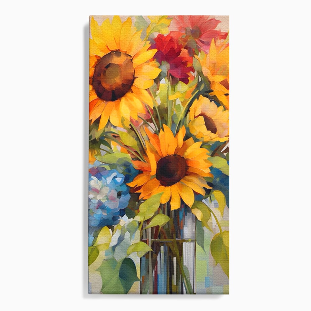 Tablou canvas cu pictura cu floarea-soarelui si flori de camp, fara rama, pe sasiu de lemn